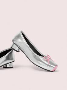 CUCCOO DOLLMOD Women's Silver Square Toe Cute Retro Classic Commute Date Party Low Vamp Cylindrical Heel Low Heel Pumps - Silver - View 2