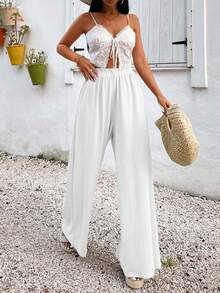 EURMUSE Calça feminina casual solta, cor sólida, cintura elástica, perna larga - Branco - Ver 4