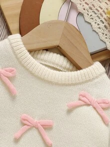 SHEIN 2件套女婴毛衣套装，象牙色圆领蝴蝶结上衣+咖啡色喇叭裤，甜美时尚