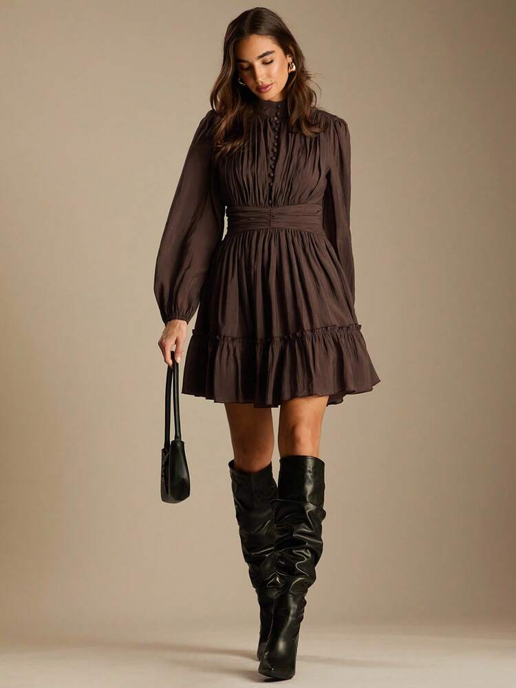 Enchnt Vestido da Moda com Gola Padre, Manga Balão, Franzido e Bainha com Babado em Cor Sólida para Mulheres - Castanho - Visão 7