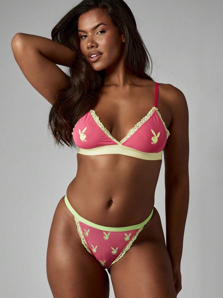 Missguided x Playboy Reggiseno triangolare senza imbottitura con stampa a coniglio, con delicato pizzo, intimo femminile, pigiama rosa stile Y2K retrò