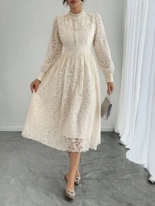 DAZY Sukienka z długim rękawem w stylu francuskim z koronką, nowa, ekskluzywna sukienka midi z marszczeniami w talii na jesień/zimę