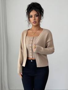 Elenzga 2pcs/Set Knitted Vest + Loose Solid Color Cardigan Sweater For Women - Khaki - View 5