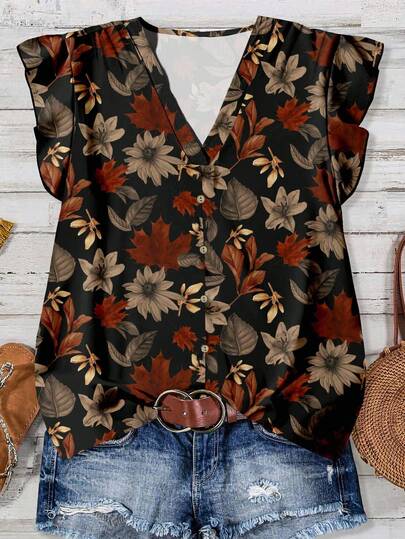 Rusticease Women's Floral & Maple Leaf Print Casual Shirt, Suitable For Autumn,Fall Clothes For Women