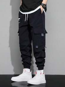 Claim Dot Loose-Fit Men's Flip Pocket Cargo Pants With Cartoon Print, For Fall - Navy Blue - View 4