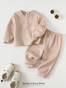 Cozy Pixies 2pcs/Set Baby Boy/Girl Solid Color Knit Soft Textured Yarn Fabric Crew Neck Long Sleeve Top And Elastic Waist Pants Casual Homewear & Sportswear Set Neutral Baby Clothes Toddler Knit Set Baby Knit Set Baby Casual Set Mocha Baby Clothes Fall Winter - Apricot - View 3