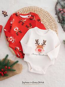 Cozy Pixies 2件套新生儿男女宝宝卡通圣诞鹿和吉祥动物图案针织柔软圆领长袖连体衣套装，秋冬季 - 彩色 - 查看 1