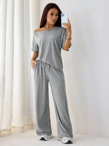 SHEIN PETITE 女款灰色夏季休閒日常兩件套，極簡街頭風露肩T恤與寬腿運動長褲套裝，基礎日常穿著衣物，適合嬌小女性 - 灰色 - 查看 9