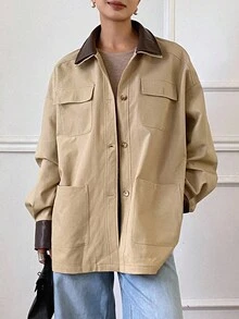 Livesso Damen Lässige Patchwork Kragen Knopfverschluss Mehrtasche Loose Jacke, Herbst Damen Mäntel