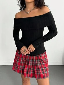 Teen Girl Off-Shoulder Solid Color Fitted Long Sleeve Versatile T-Shirt Set Fall Winter - Multicolor - View 6