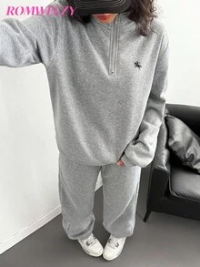 少女骑士印花长袖拉链连帽衫和运动裤休闲套装，秋季 - 灰色 - 查看 11