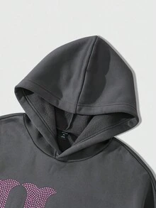 ROMWE MEN Street Life Men's Loose Fit Drop Shoulder Casual Hoodie With Rhinestone Decor, Dark Grey, Fall - Dark Grey - View 3