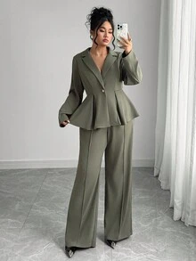 Elenzga 2 件大码女式优雅西装外套和喇叭裤套装，欧美风格，修身剪裁，职业通勤装，冬季秋季女式西装两件套服装女士商务休闲女士西装