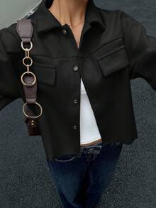 Siren Gaze Áo khoác ngoài cài nút phía trước có chi tiết vạt thả vai cho mùa thu/đông - màu đen - Xem 1