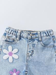 Young Girl Y2k Vintage Deep Blue Washed 3d Purple Snow Flower Jeans With Fringe Hem, School, Campus, College Summer Holiday Girls' Bell-Bottom Jeans, Fashionable Children's Pants, Vintage Washed Slim Fit Denim Trousers For Girls, All Season Flare Leg Jeans Outfit Ripped JeansYoung Girl Fashion Snow Flower Washed Floral Embroidered Wide Leg Jeans Flower Jeans Daisy Jeans Embroidered Jeans Kawaii Jeans Fall Winter 90s Kids Outfit Purple Outfits For Girls