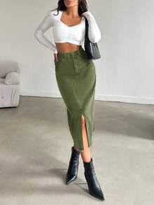 EURMUSE Women's Casual Washed Denim Slit Skirt - Army Green - View 4
