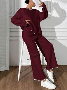EURMUSE Women Hand Stitch Detailed Round Neck Sweater And Sweater Pant 2 Pieces Outfit Set Co-Ords - Burgundy - View 5