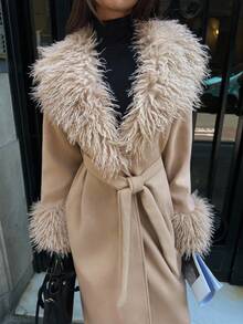 Aloruh Casaco de Lã Mista Feminino com Acabamento de Pele Sintética, Jaqueta Longa de Estilo Boêmio, Corta-Vento nas Cores Cáqui e Bordô para Outono/Inverno