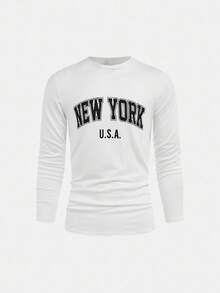 SHEIN 3件套青少年男童学院风字母印花长袖T恤，休闲舒适，时尚百搭，面料柔软，适合日常穿着、上学、郊游、户外活动、秋冬季节，返校季男童时尚长袖上衣，纽约童装衬衫