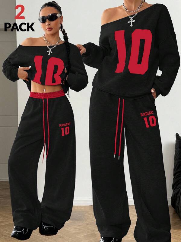 Coolane Girls Winter Y2K Preppy Daily Wear Number Printed Keep Warm Asymmetrical Neck Long Sleeve Sweatshirt And White Elastic Waistband Wide Leg Sweatpants