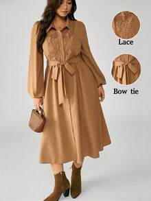 EMERY ROSE Plus Size Women Elegant Midi Dress With Cinched Waist, Bowknot, Bubble Sleeve, A-Line Skirt, Suitable For Date And Daily Wear Fall Cloth For Women, Country - Khaki - View 1
