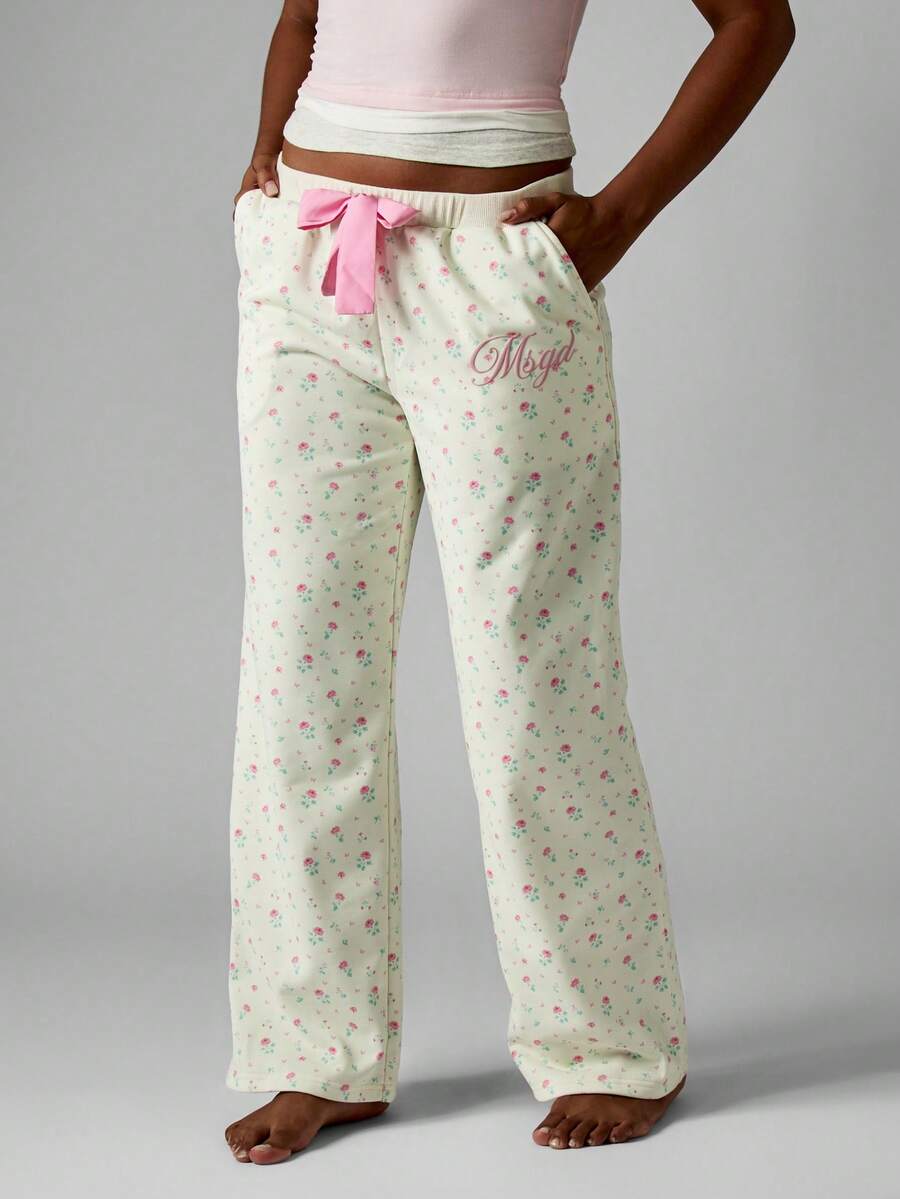 MISSGUIDED Pantalones de pijama con estampado floral y cintura con lazo rosa, cómodos para estar en casa - Multicolor - Ver 1