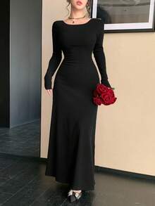 DAZY Rochie elegantă cu curea și fundă nouă pentru femei, potrivită pentru ocazii formale în toamnă și iarnă, rochie de vară maxi - Negru - Vizualizare 4