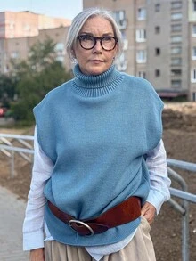 Livesso 女式无袖宽松高领针织背心 - 藍色 - 查看 3