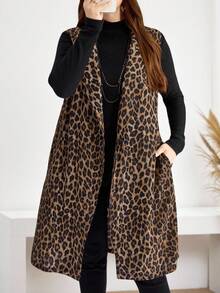 Miaspire 冬季大码女式无袖豹纹开衫，休闲日常穿着 - 棕色 - 查看 4