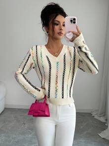 Elenzga V-Neck Colorful Rope Knitted Sweater For Women