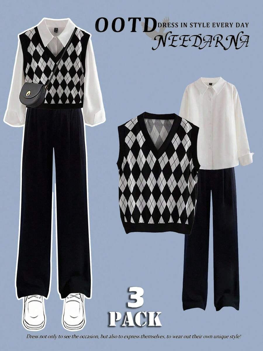 SHEIN MOOSTA Plus Size Ribbed V-Neck Tank Top, Long Sleeve Shirt, And Lounge Pants 3 Pieces Set Fall Cloth For Women