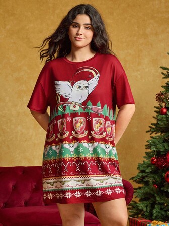 HARRY POTTER X SHEIN Plus Size Comfortable Owl Print Short Sleeve Sleep Dress, Summer, Moo Moo Night Dress