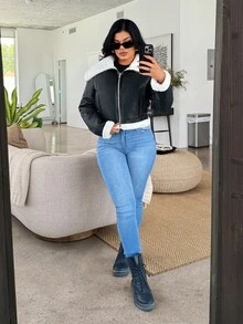 SHEIN SXY 女士复古摩托车皮夹克，短款，仿保暖内衬，加厚保暖毛领，搭配长靴，时尚百搭，适合女性，短款皮夹克，冬季女装，90年代风格，女士冬季 - 黑色 - 查看 3