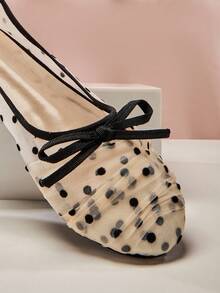 SHUZIA Giày ba lê lưới họa tiết chấm bi dành cho nữ để sử dụng hàng ngày - Đen và trắng - Xem 2