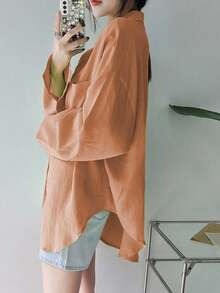 DAZY Áo sơ mi nữ cổ bẻ rộng màu trơn, dáng rộng, áo dài tay thời trang thu đông - Màu Cam cháy - Xem 2