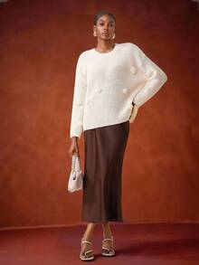 Zivah New Year Holiday, New Autumn And Winter, Christmas Casual Daily Date, Internet Celebrity Bestsellers, Street Daily Commuting Office Clothing, Sweet And Ladylike Ladies' Winter Outfits, Return To School Business Casual Women's Wear, Round-Neck Long-Sleeved, Three-Dimensional Flower Decoration, Diamond-Shaped Pattern Woolen Pullover, White Apricot Women's Sweater