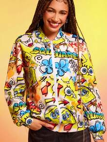 SpongeBob SquarePants | SHEIN Chaqueta casual de manga larga con cremallera y estampado de dibujos animados para mujer - Amarillo - Ver 5