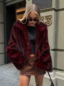 Aloruh Women's Retro Fashion Front Open Faux Fur Collar Jacket, Winter Outerwear,Fall - Burgundy - View 1