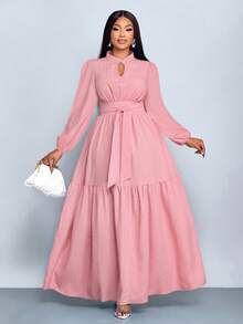 SOLERSUN Vestido largo de línea A con cinturón, de manga larga, cuello mao, abertura frontal, botón de lágrima, diseño de alta gama, para mujer talla grande, color rojo sólido, holgado, elegante, cómodo, casual, apropiado para uso diario, Año Nuevo, otoño, invierno, fiestas, citas, Navidad, 2026, Año Nuevo, San Valentín, verano, rosa