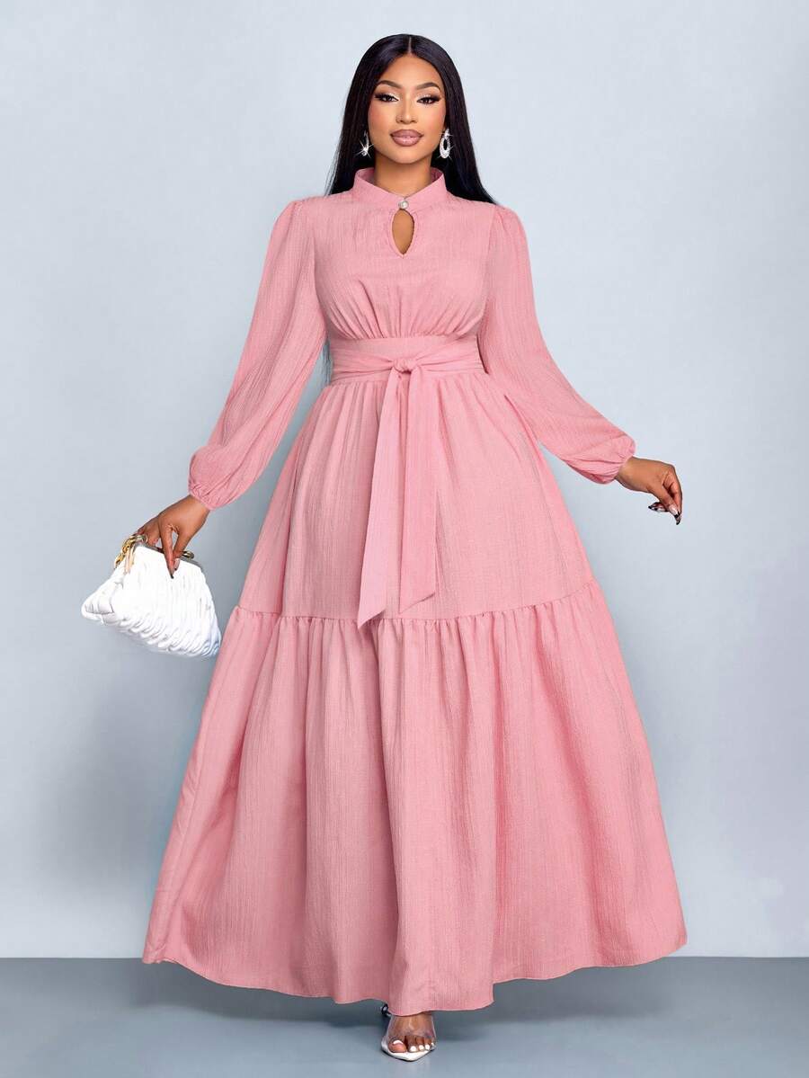 SOLERSUN Vestido largo de línea A con cinturón, de manga larga, cuello mao, abertura frontal, botón de lágrima, diseño de alta gama, para mujer talla grande, color rojo sólido, holgado, elegante, cómodo, casual, apropiado para uso diario, Año Nuevo, otoño, invierno, fiestas, citas, Navidad, 2026, Año Nuevo, San Valentín, verano, rosa