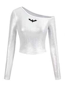 Shutterstock Áo thun dài tay in hình dơi đính sequin cho nữ dịp Halloween - Bạc - Xem 1
