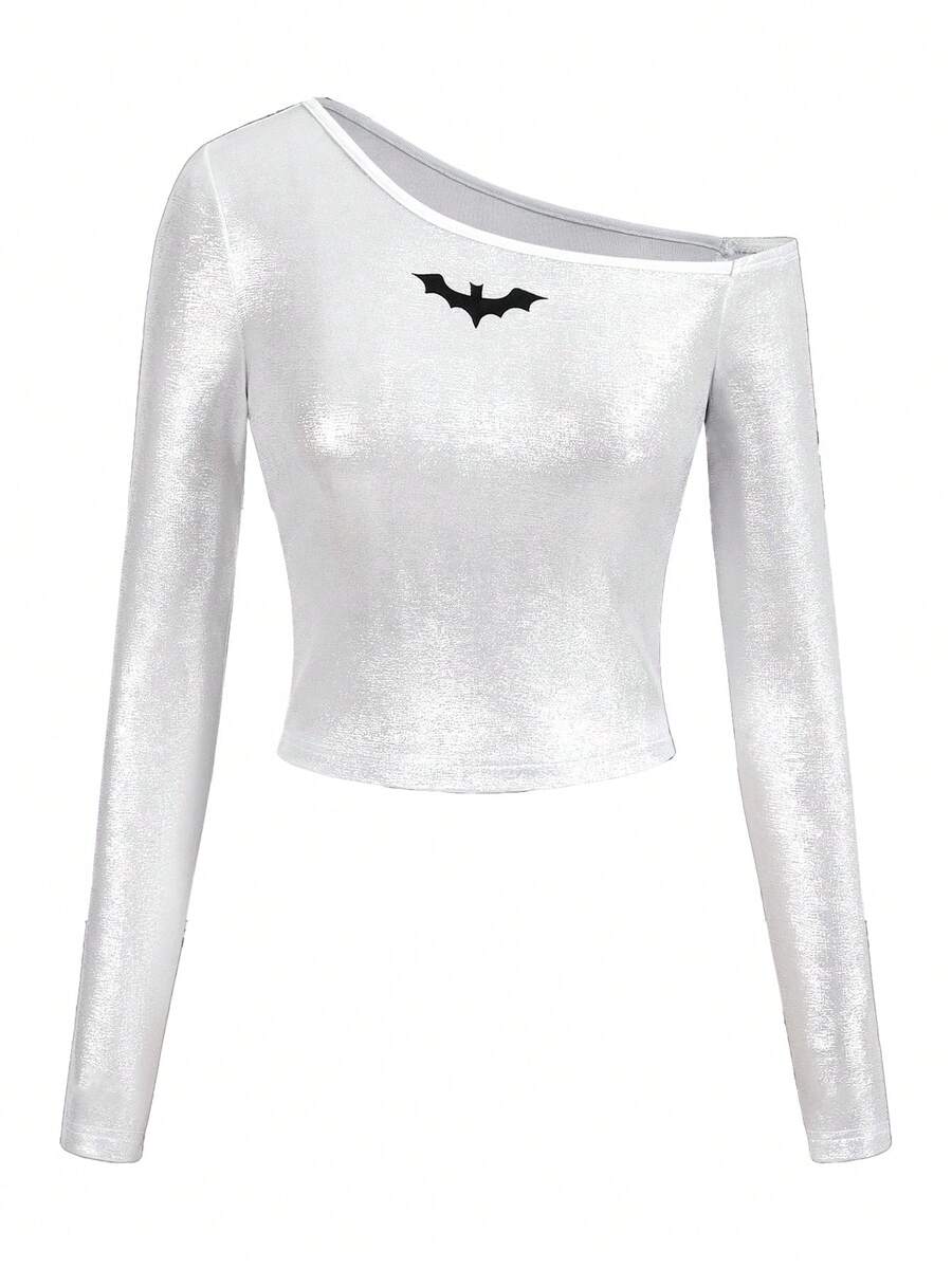 Shutterstock Áo thun dài tay in hình dơi đính sequin cho nữ dịp Halloween - Bạc - Xem 1