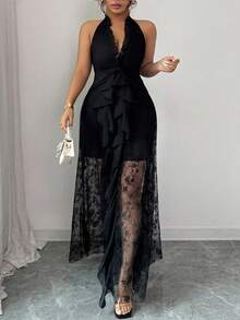 Elenzga Vestido de fiesta elegante, romántico y sexy de encaje para mujer de talla grande, con escote en V, cintura ceñida, fluido, vestido largo de gasa, adecuado para primavera, otoño e invierno - Negro - Ver 6