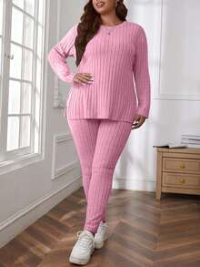 EURMUSE Conjunto de 2 piezas de punto acanalado cómodo de talla grande - Rosa Pálido - Ver 5