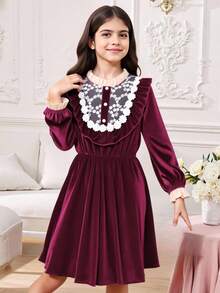 Tween Girl Contrast Lace Ruffle Trim Flare Sleeve Dress - Burgundy - View 3