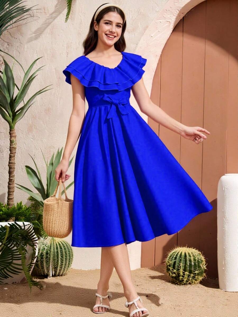 Teen Girl Solid Color Patchwork Ruffle Trim Round Neck Tie Waist Fashionable Dress - Royal Blue - View 1