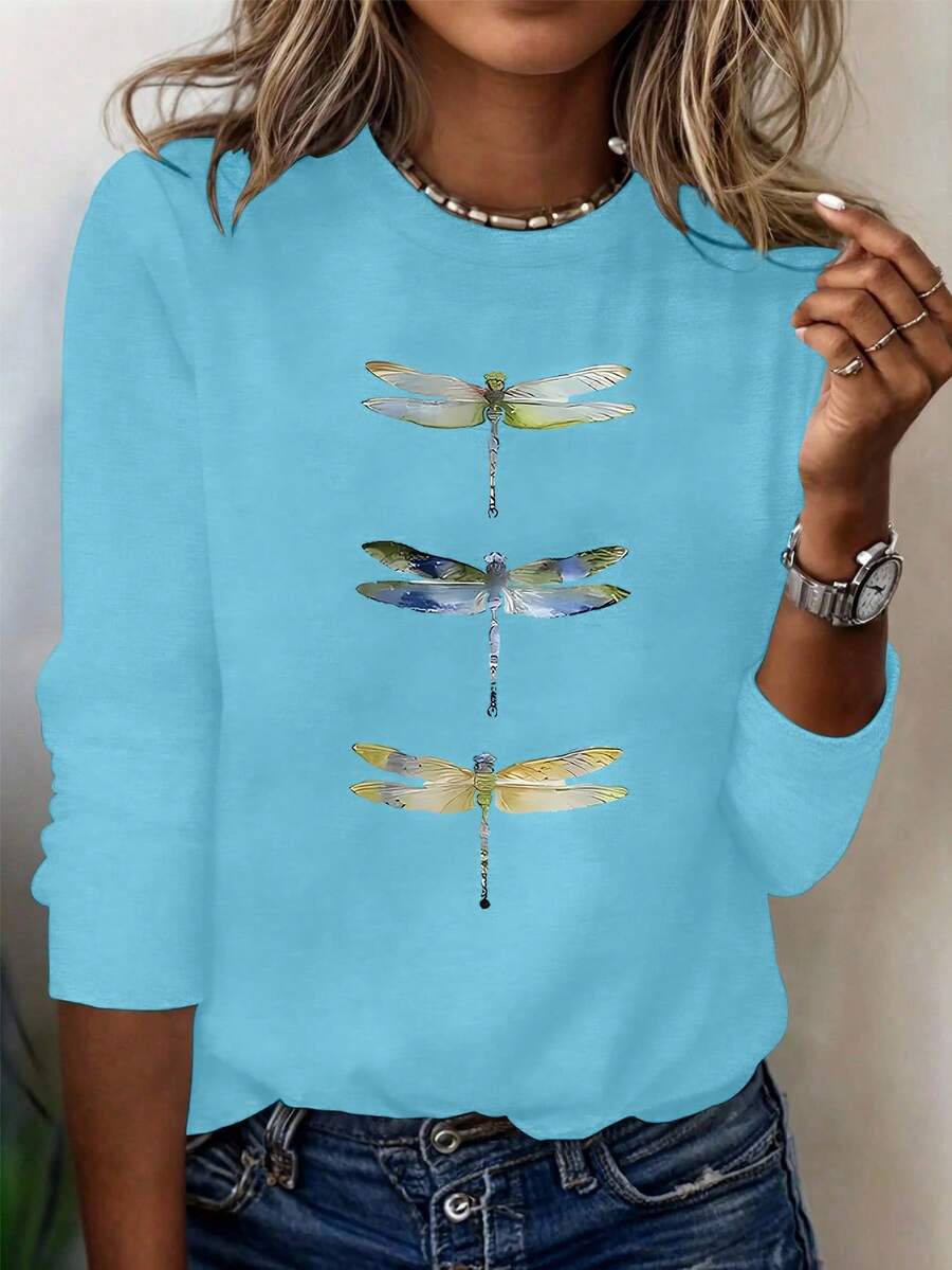 EMERY ROSE Camiseta de manga larga con cuello redondo, estampado de libélula y animal, de estilo casual y colorido para mujer - Azul - Ver 1