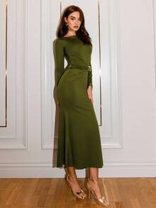 NOVVYNE 女士金属纽扣针织修身优雅派对长袖连衣裙，绿色，时尚外出约会之选 - 綠色 - 查看 4