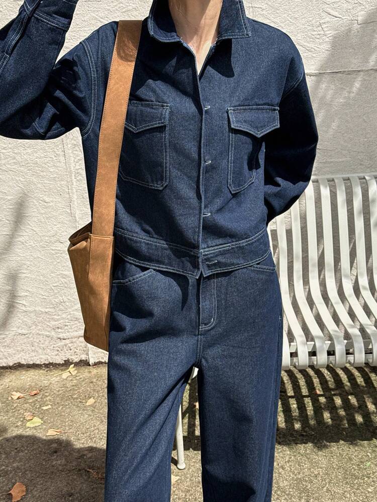 Women's Autumn Long Sleeve Single-Breasted Cargo Pocket Denim Jacket And Jeans Casual Suit