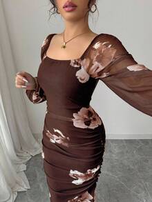 Modelyn 女士花卉印花优雅方领系腰中长连衣裙女式长款晚礼服 - 棕色 - 查看 3